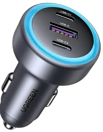 Cargador Carro 30w 2 Usb-c + 1 Usb-a Carga Rápida Qc/pd 3.0 Gris